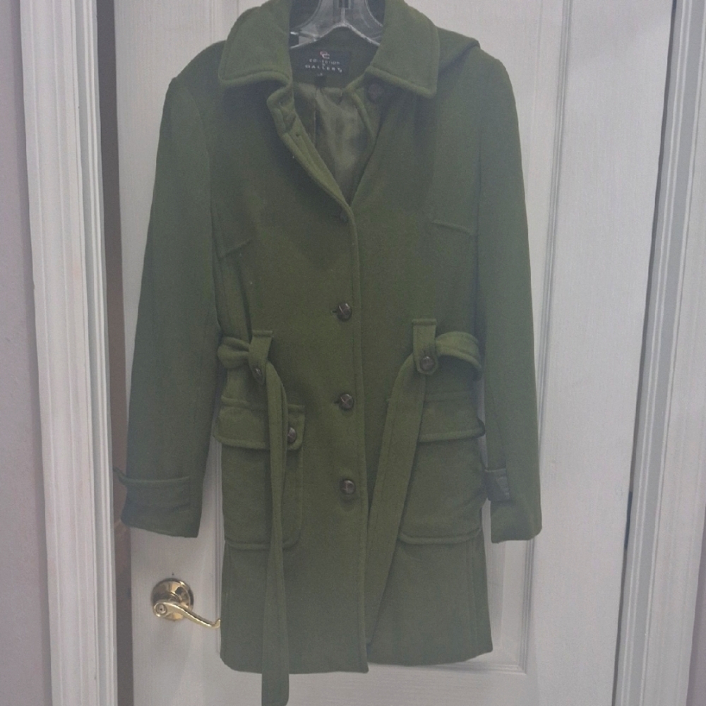 Gallery Green Wool Trench Coat with Belted Waist And Removable Hood Size Small